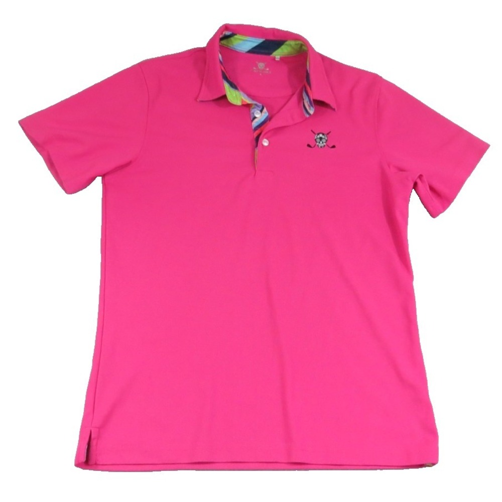 Chuco Golf Pink Polo Skull Crossed Clubs Stripe Trim Men Size A Polyester Shirt